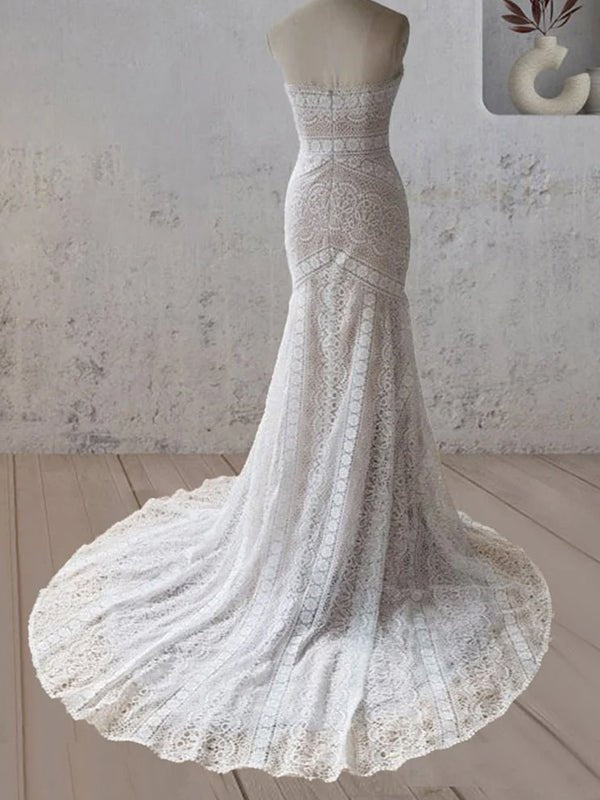 Vintage White Mermaid Lace Wedding Dress with Tassel - KissProm