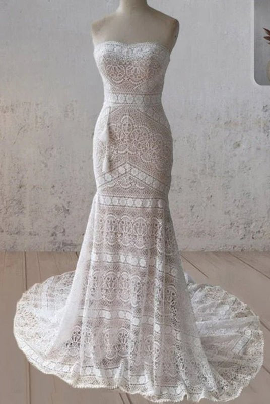 Vintage White Mermaid Lace Wedding Dress with Tassel - KissProm