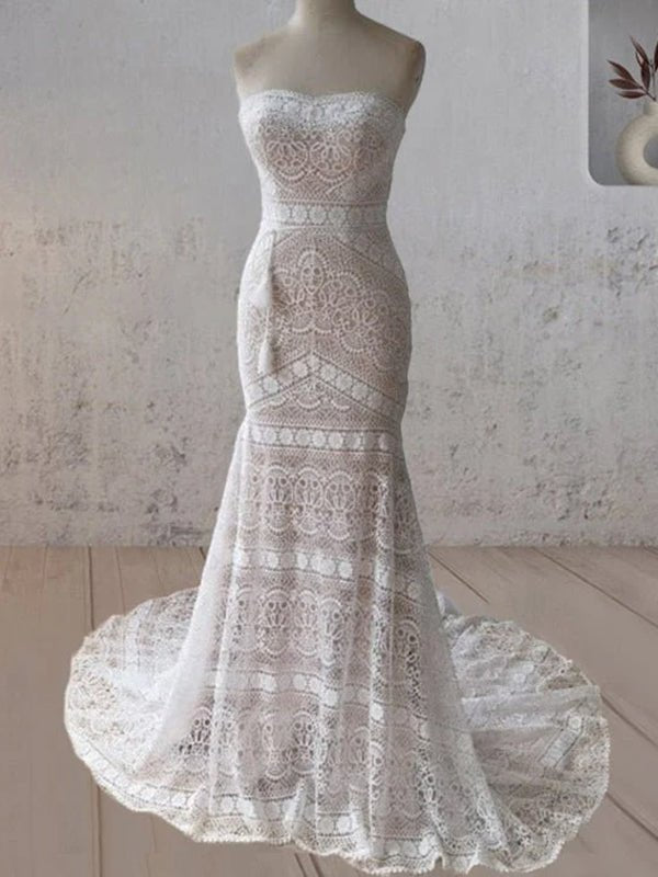 Vintage White Mermaid Lace Wedding Dress with Tassel - KissProm