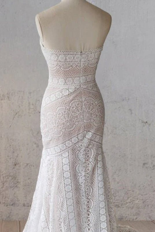 Vintage White Mermaid Lace Wedding Dress with Tassel - KissProm