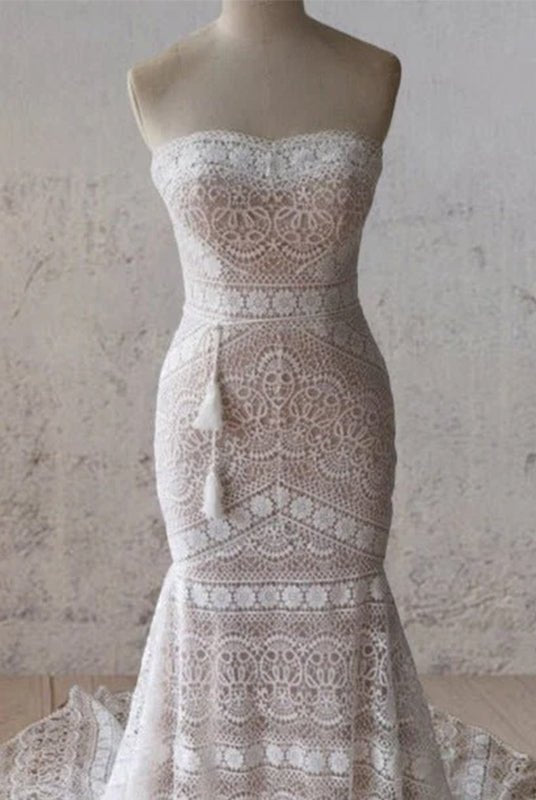 Vintage White Mermaid Lace Wedding Dress with Tassel - KissProm