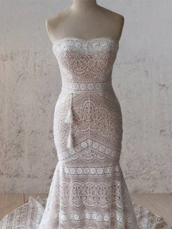 Vintage White Mermaid Lace Wedding Dress with Tassel - KissProm