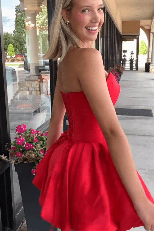Vionara | Red - Strapless A Line Pleated Satin Homecoming Dresses With Flower