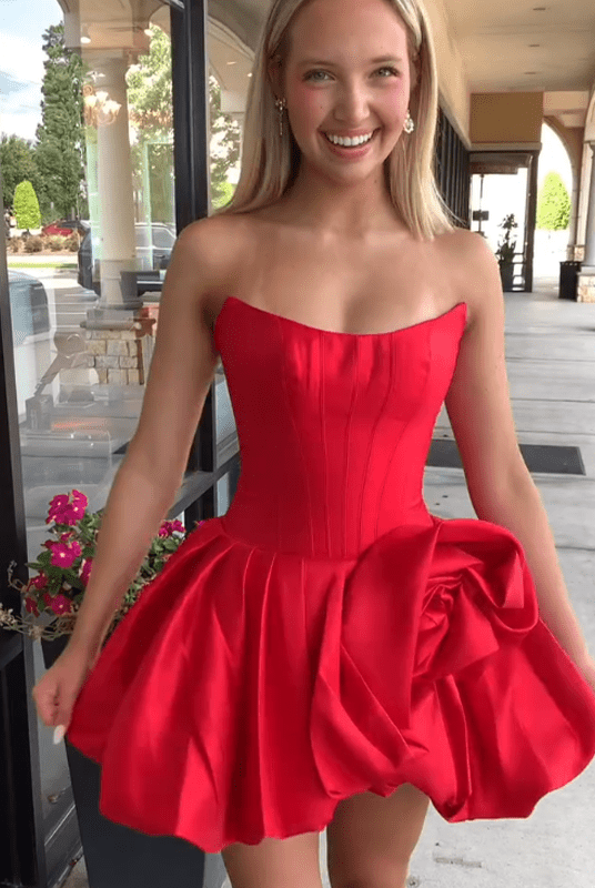 Vionara | Red - Strapless A Line Pleated Satin Homecoming Dresses With Flower