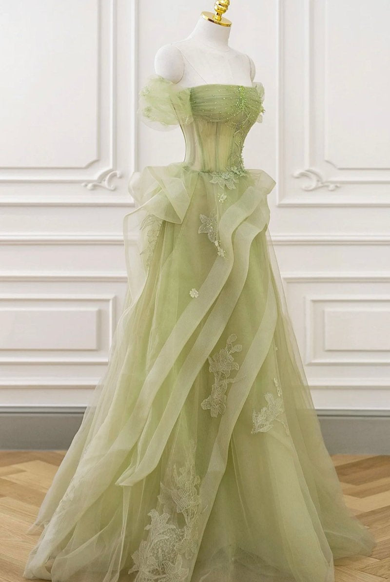Nellie | Green Tulle Lace Long Prom Dress with Corset, Green Formal Party Dress
