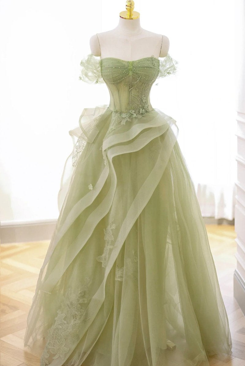 Nellie | Green Tulle Lace Long Prom Dress with Corset, Green Formal Party Dress