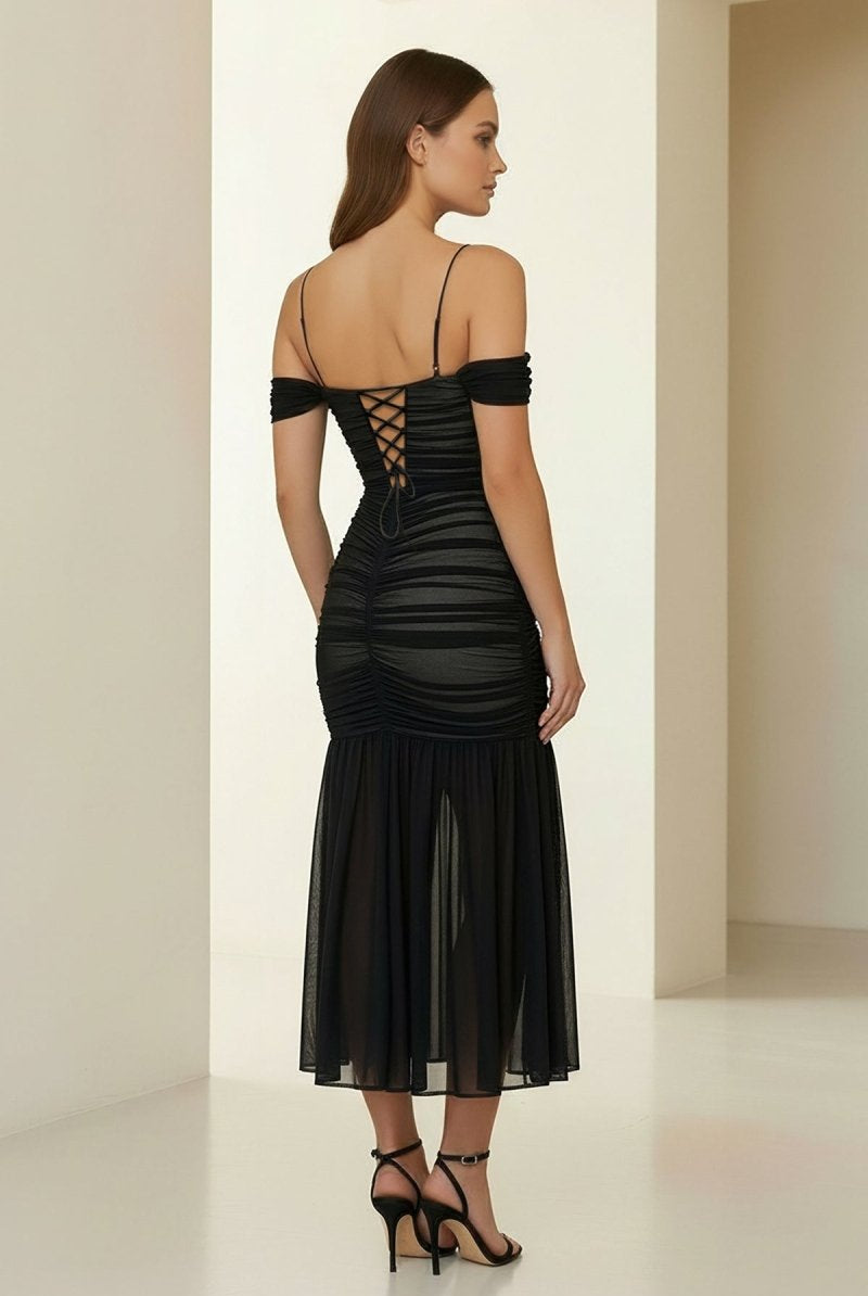 Vynel | Black - Spaghetti Straps Sheath Tulle Pleated Ankle Length Prom Dresses - KissProm