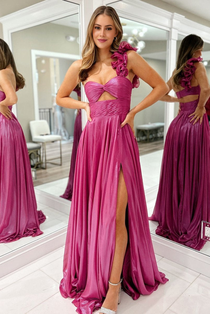 Wallis | A-Line Fuchsia One Shoulder Keyhole Pleated Metallic Prom Dress with Slit