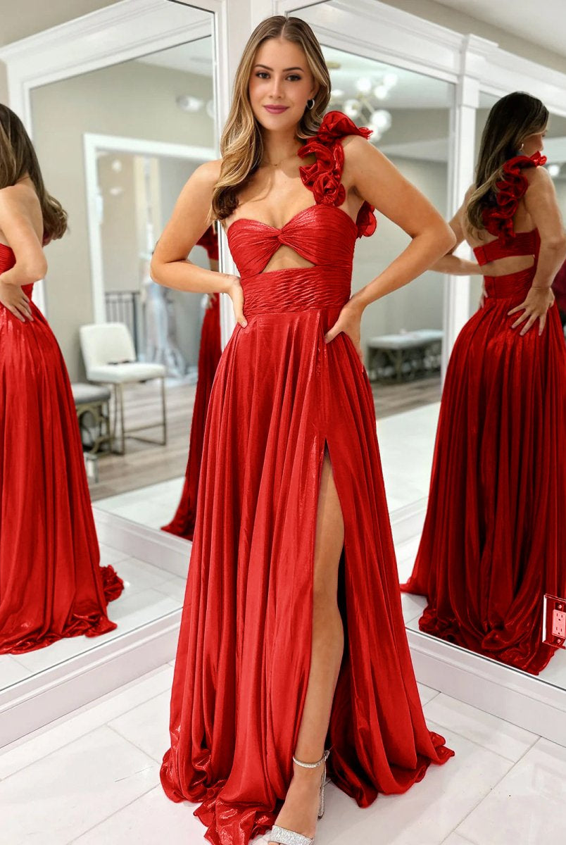 Wallis | A-Line Fuchsia One Shoulder Keyhole Pleated Metallic Prom Dress with Slit