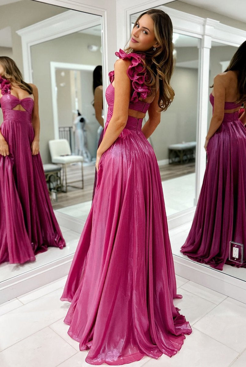 Wallis | A-Line Fuchsia One Shoulder Keyhole Pleated Metallic Prom Dress with Slit