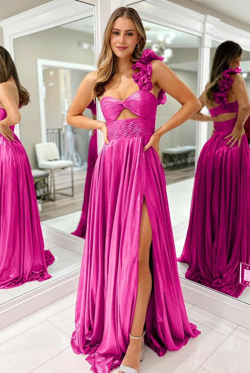 Wallis | A-Line Fuchsia One Shoulder Keyhole Pleated Metallic Prom Dress with Slit