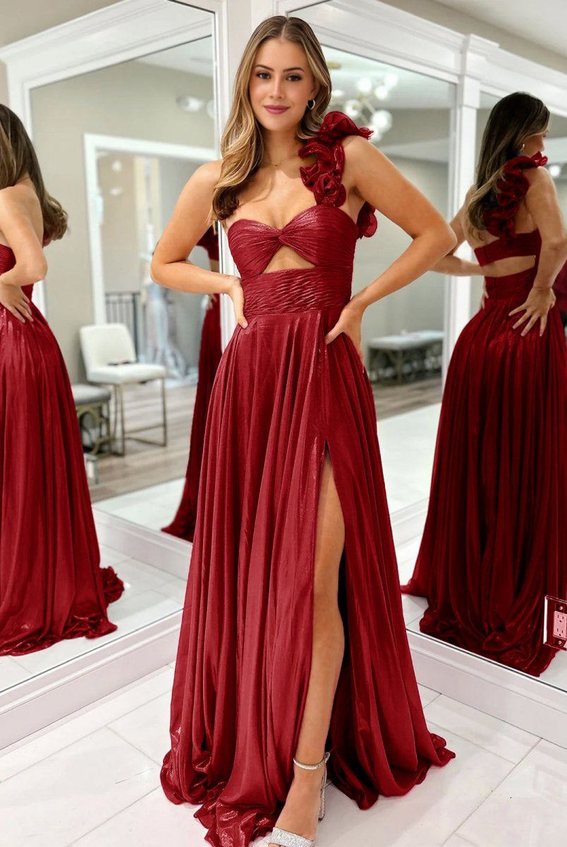 Wallis | A-Line Fuchsia One Shoulder Keyhole Pleated Metallic Prom Dress with Slit