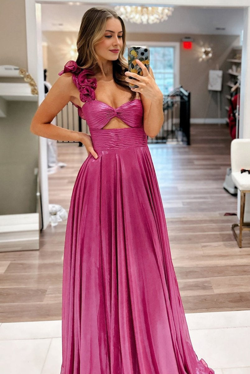 Wallis | A-Line Fuchsia One Shoulder Keyhole Pleated Metallic Prom Dress with Slit