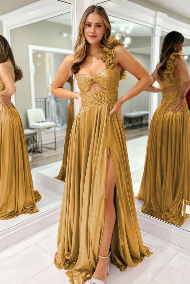 Wallis | A-Line Fuchsia One Shoulder Keyhole Pleated Metallic Prom Dress with Slit