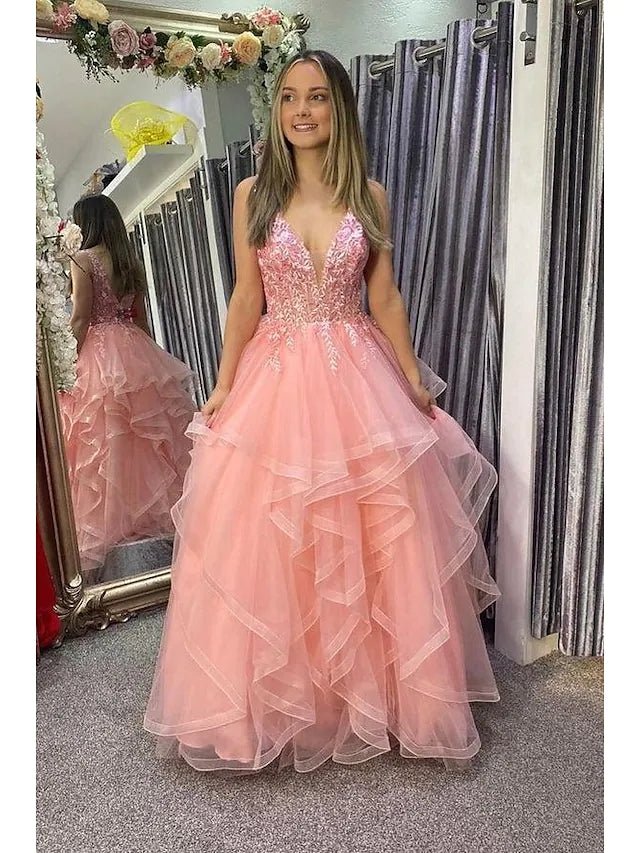 Nanalia | A - Line Prom Dresses Princess Dress Formal Floor Length Sleeveless V Neck Tulle Backless with Pleats Appliques - KissProm