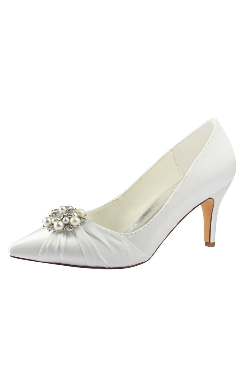 Wedding Shoes Close Toe Stiletto Heel Satin With Rhinestone Ruffles - KissProm