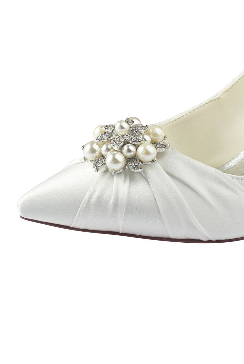 Wedding Shoes Close Toe Stiletto Heel Satin With Rhinestone Ruffles - KissProm