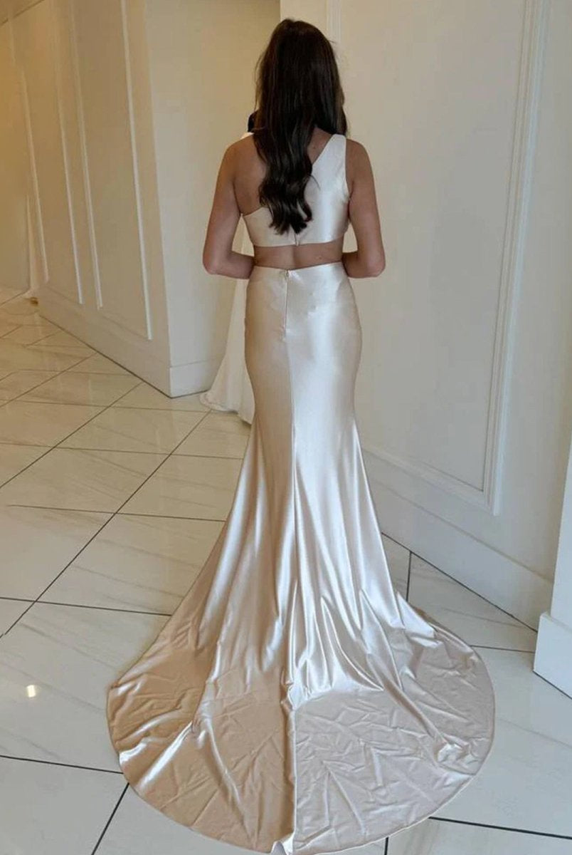 Welsie | Champagne One - Shoulder Mermaid Satin Long Prom Dress - KissProm