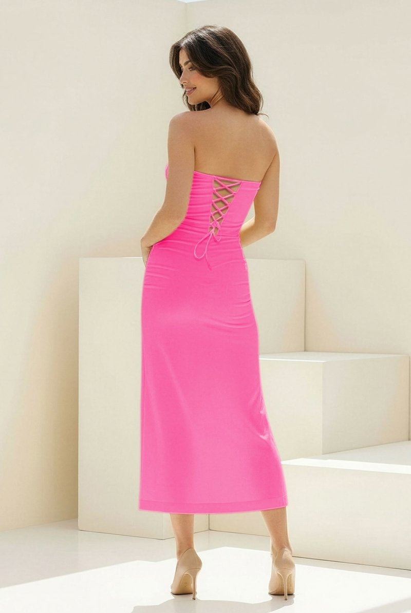 Whimsy | Coral - Strapless Sleeveless Sheath Pleated Formal Prom Dresses With Slit - KissProm