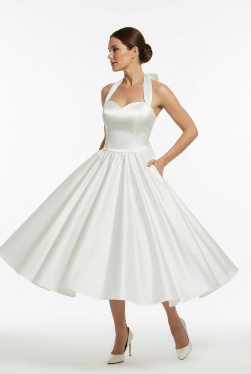 White A - Line Halter Sleeveless Tea Length Satin Bridal Gowns With Bow(s) Pleats - KissProm
