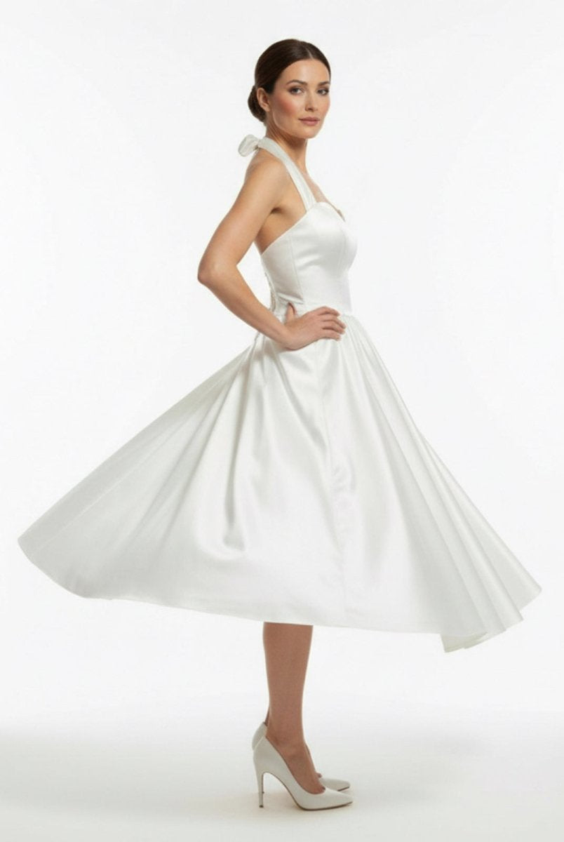 White A - Line Halter Sleeveless Tea Length Satin Bridal Gowns With Bow(s) Pleats - KissProm