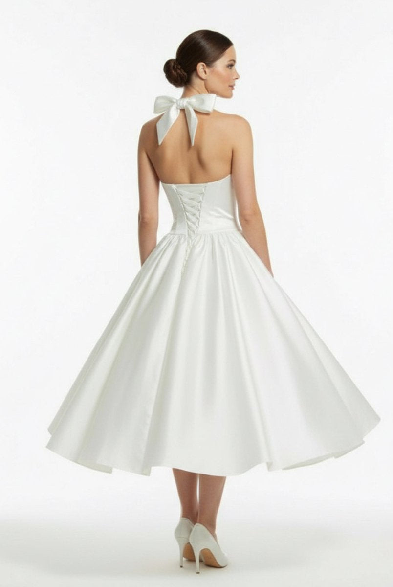 White A - Line Halter Sleeveless Tea Length Satin Bridal Gowns With Bow(s) Pleats - KissProm