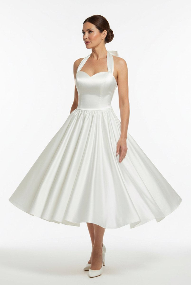 White A - Line Halter Sleeveless Tea Length Satin Bridal Gowns With Bow(s) Pleats - KissProm