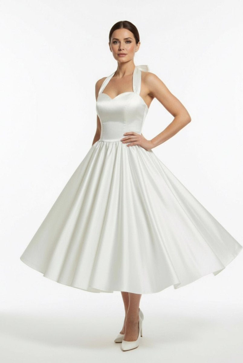 White A - Line Halter Sleeveless Tea Length Satin Bridal Gowns With Bow(s) Pleats - KissProm