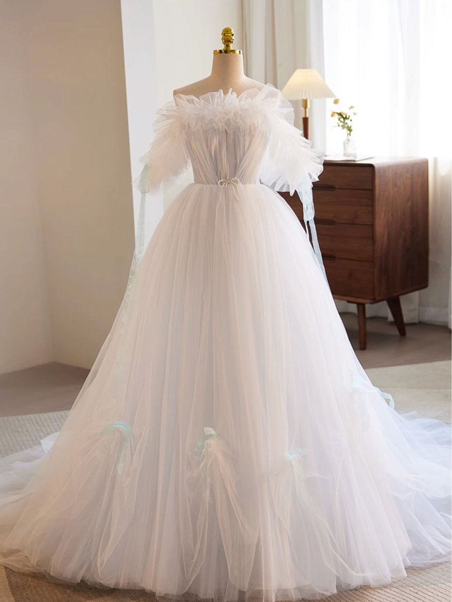 White A - Line Tulle Long Prom Dress White Formal Dress - KissProm