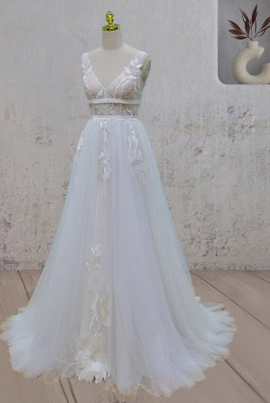 White A-Line V Back Lace Wedding Dress with Train