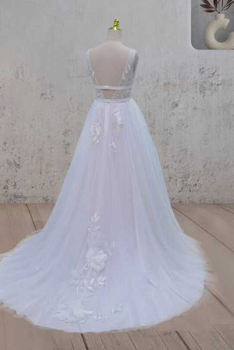 White A-Line V Back Lace Wedding Dress with Train