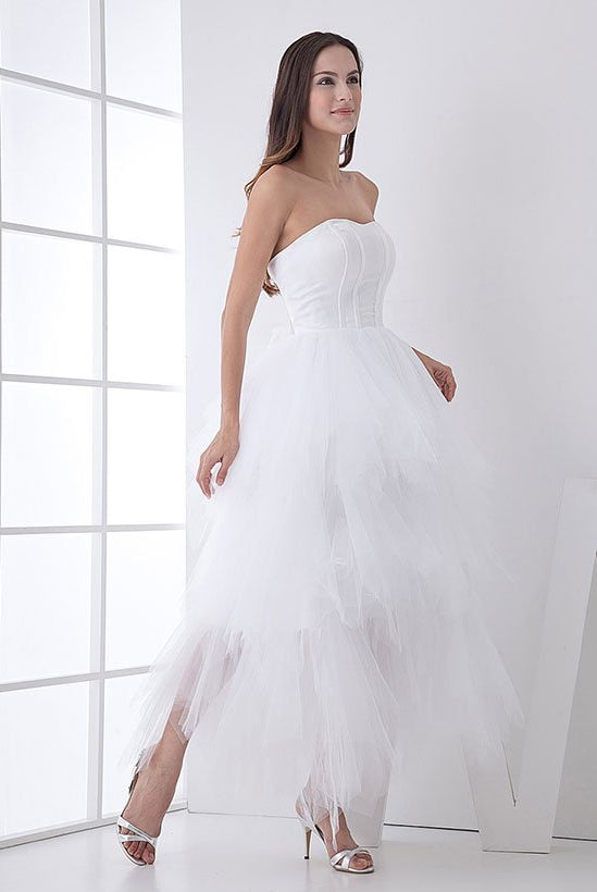 White Classic Strapless Satin High Low Wedding Dress
