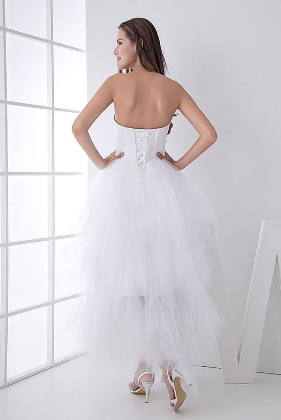White Classic Strapless Satin High Low Wedding Dress