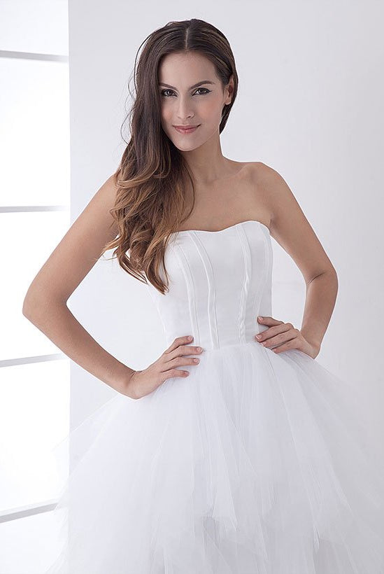 White Classic Strapless Satin High Low Wedding Dress