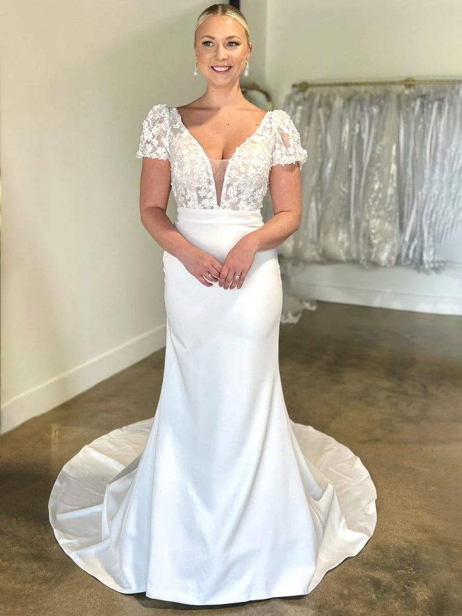 White Floral Applique Plunge V Long Wedding Dress with Short Sleeves - KissProm