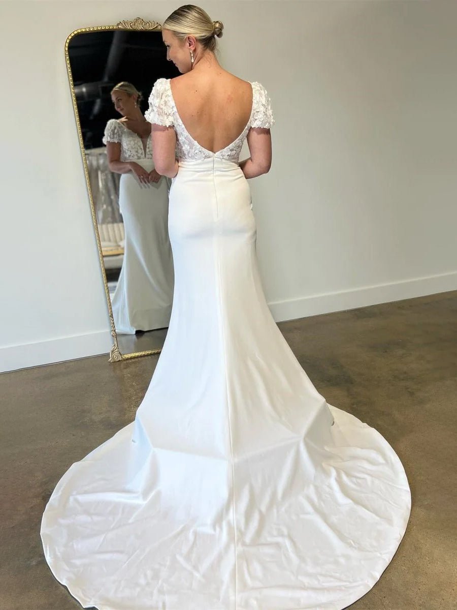 White Floral Applique Plunge V Long Wedding Dress with Short Sleeves - KissProm