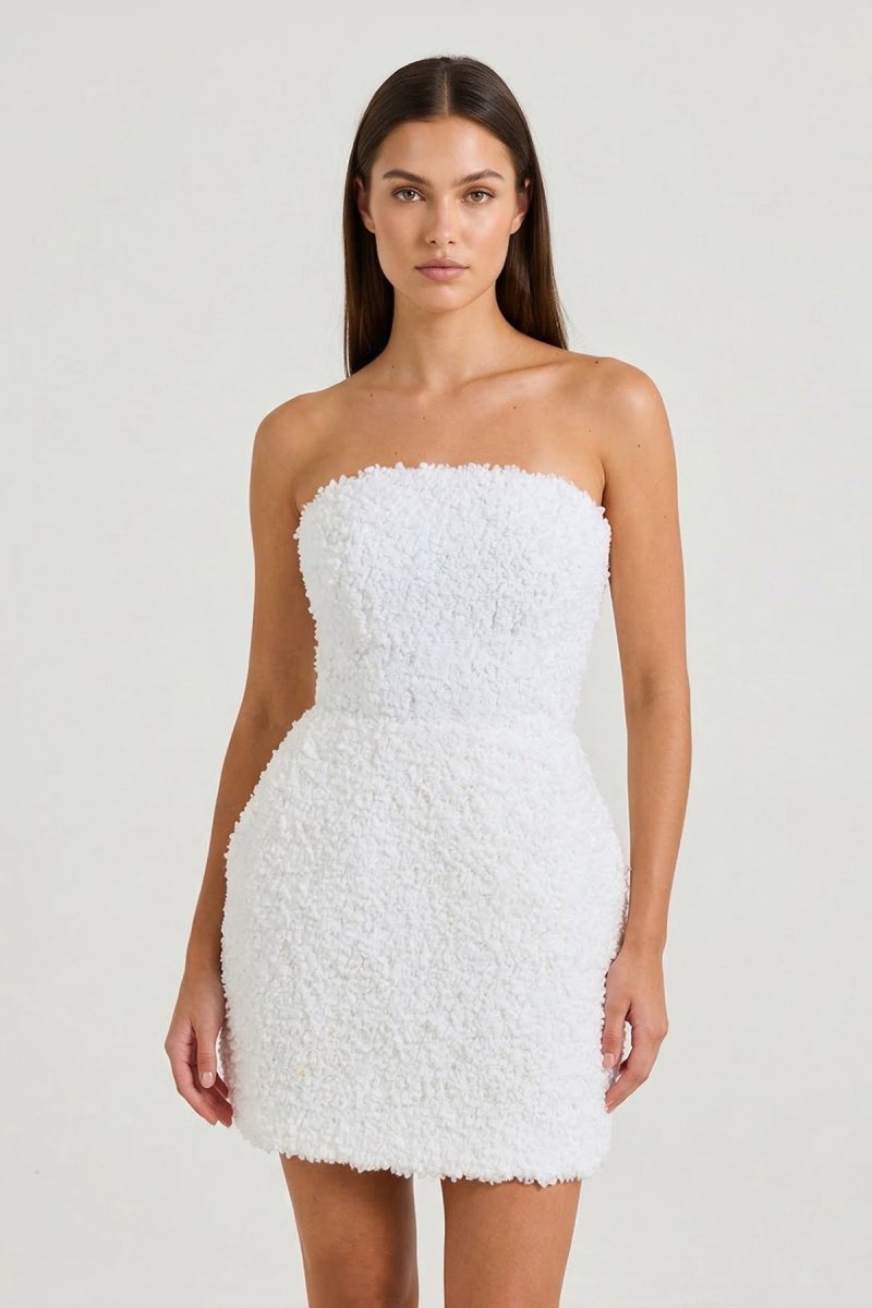 KissProm White Floral Strapless Sheath Graduation Dress, White / 14