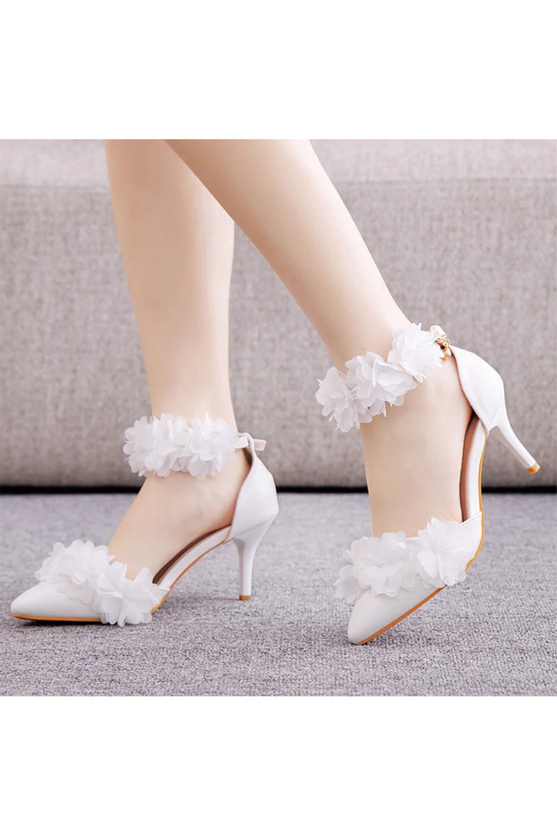 White Flowers Pointed Toe Ankle Strap High Heels - KissProm