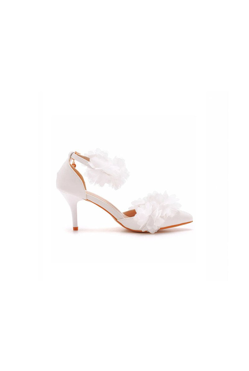 White Flowers Pointed Toe Ankle Strap High Heels - KissProm
