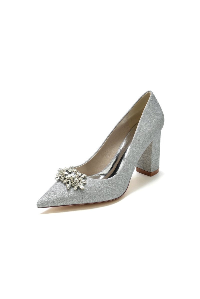 White Glitter Pointed Toe Chunky Heels With Rhinestone - KissProm