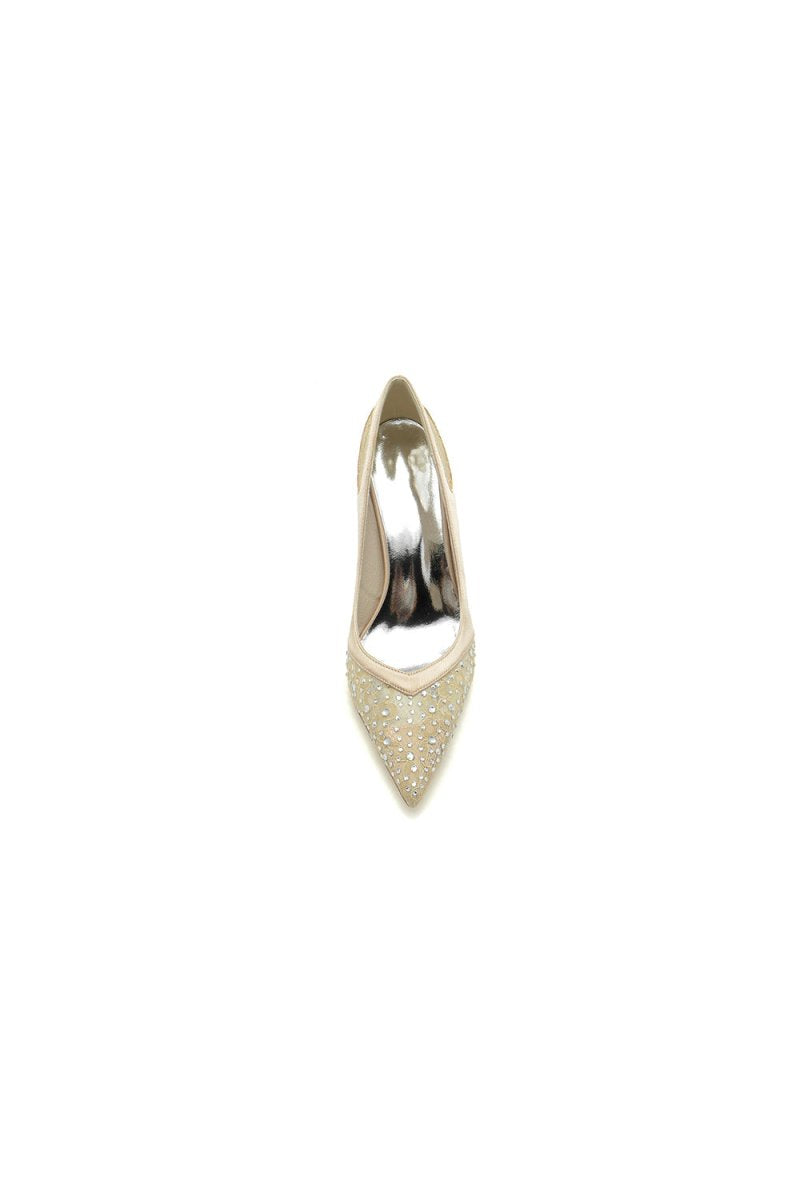 Champagne High Heels with Silver Bead and Lace Trim - KissProm