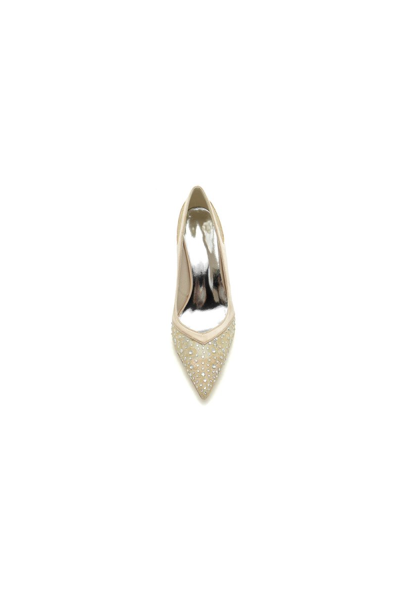 Champagne High Heels with Silver Bead and Lace Trim - KissProm