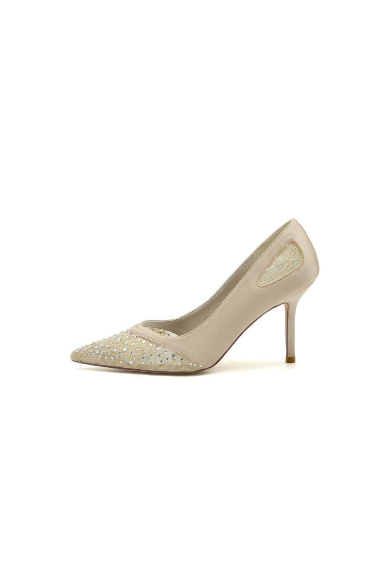 Champagne High Heels with Silver Bead and Lace Trim - KissProm