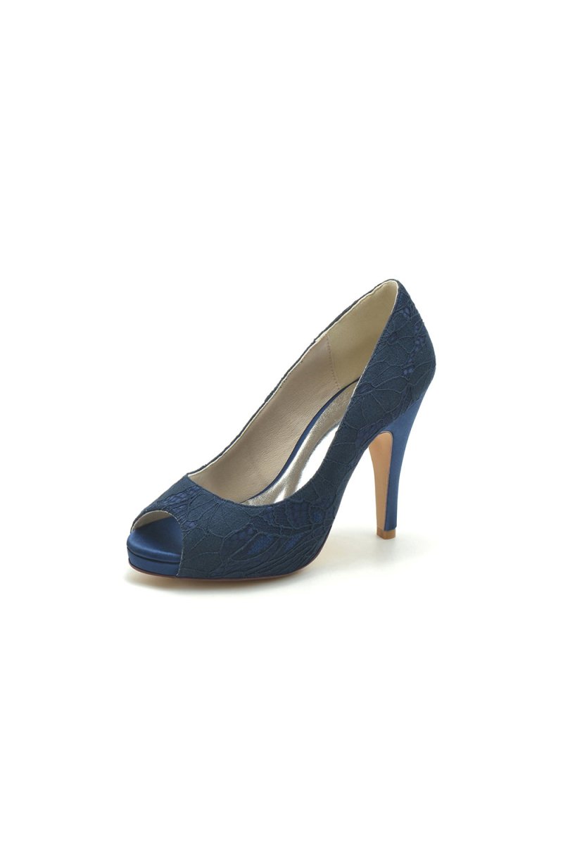 Navy Blue Lace Fishmouth High Heels - KissProm