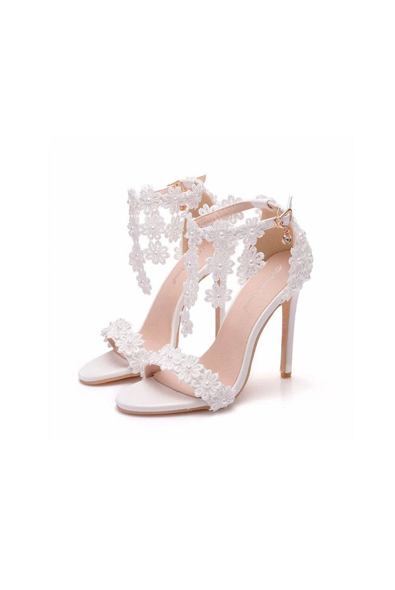 White Lace Flowers Tassels Open Toe Ankle - strap Ultra High Heels - KissProm