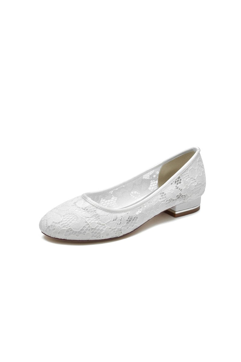 KissProm White Lace Open Toe Flats Bridal Shoes, White / US7