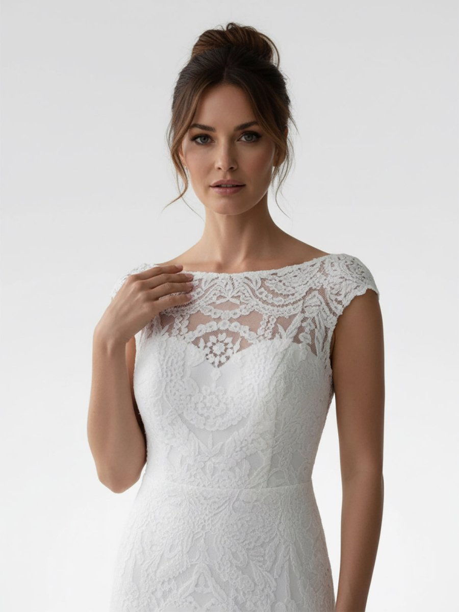 White Mermaid Cap Sleeve Lace Wedding Dress - KissProm