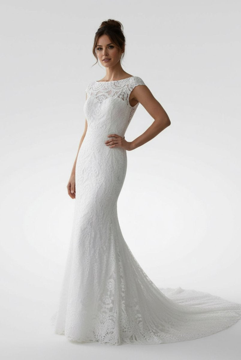 White Mermaid Cap Sleeve Lace Wedding Dress - KissProm