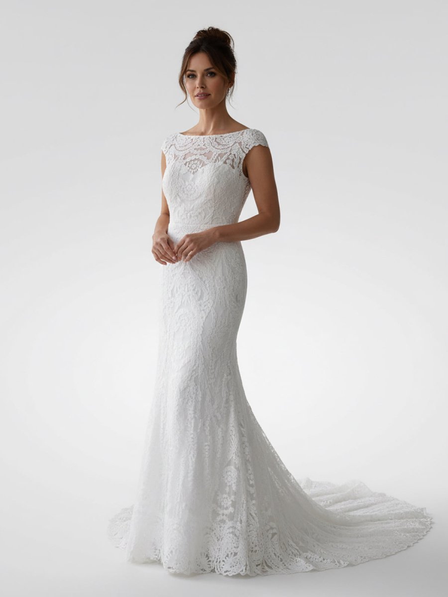 White Mermaid Cap Sleeve Lace Wedding Dress - KissProm