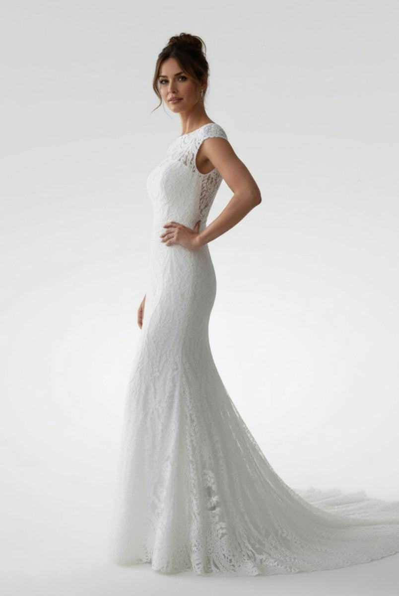 White Mermaid Cap Sleeve Lace Wedding Dress - KissProm